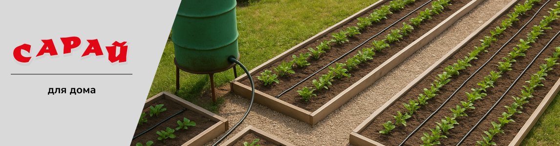 Грядки с системой капельного полива, подключенной к бочке с водой, зелёные растения на ухоженном участке