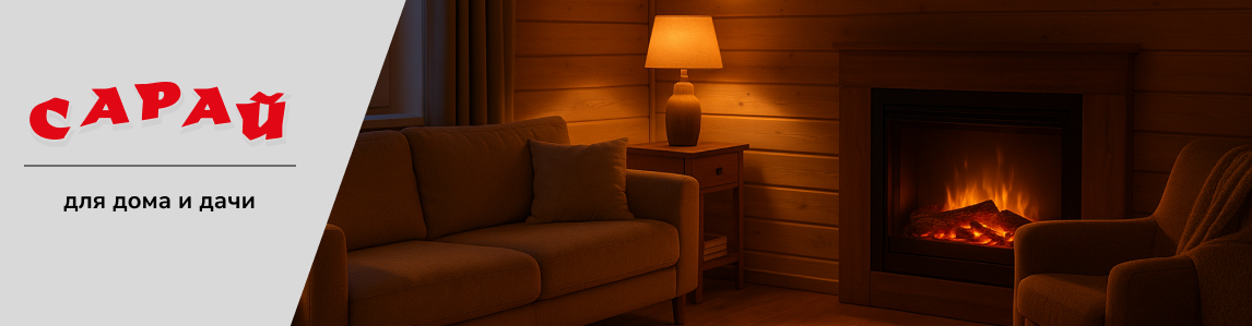 Уютный интерьер деревянного дома с электрокамином, тёплым освещением, диваном и креслом, вечерняя атмосфера тепла