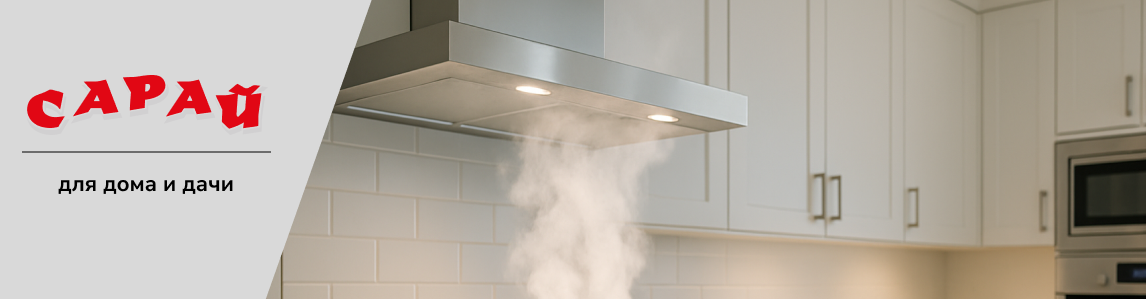 Металлическая вытяжка на белой кухне, под ней поднимается пар от кастрюли на индукционной плите