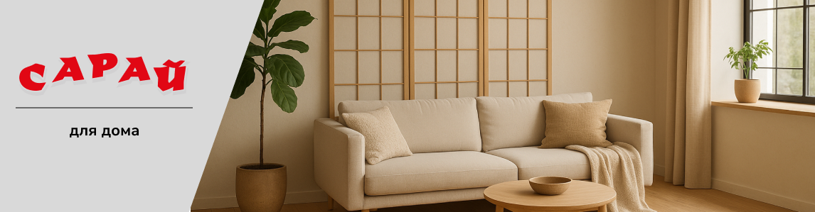 Светлая гостиная в скандинавском стиле с бежевым диваном, деревянным столиком и растением в горшке у окна