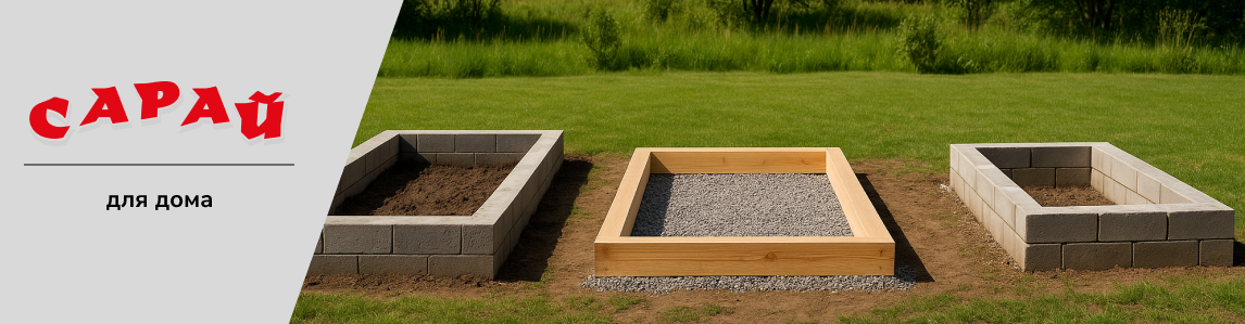 Три варианта основания для теплицы: из бетона, дерева и блоков на участке с зелёным газоном