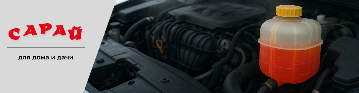 Открытый капот автомобиля зимой, из-под капота идёт пар, на переднем плане расширительный бачок с красным антифризом