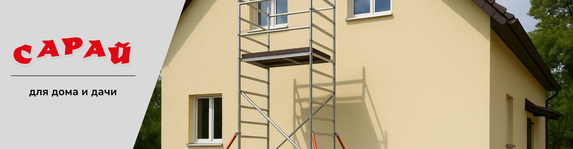 Строительная вышка-тура у стены двухэтажного дома, на плитке рядом размещены рулоны утеплителя и строительное ведро, дневное освещение.