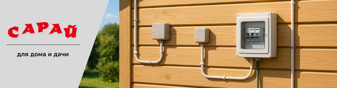 Фасад дачного дома с установленным электрощитком, распределительными коробками и наружной электропроводкой, аккуратно проложенной по стене, на фоне зелёного участка