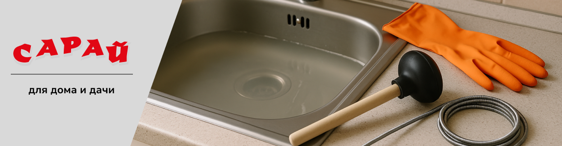 Кухонная мойка с застоявшейся водой из-за засора. Рядом на столешнице — оранжевые резиновые перчатки, вантуз и сантехнический трос