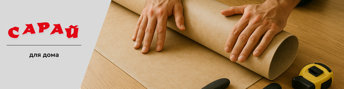 Мужчина раскатывает рулон линолеума на полу, рядом нож, шпатели и рулетка для укладки покрытия