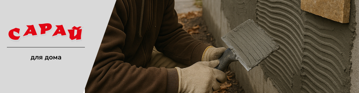 Мастер в рабочей одежде наносит клей на фасад дома перед монтажом декоративного камня