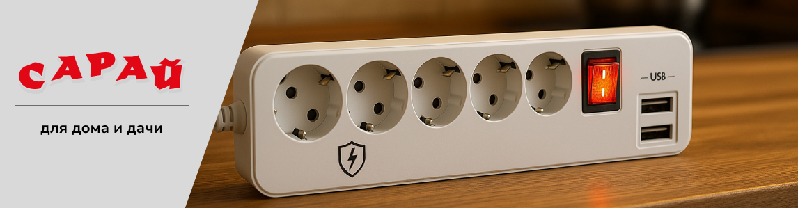 Белый сетевой фильтр с пятью розетками, двумя USB-портами и красным выключателем, размещён на деревянной поверхности в кухонном интерьере