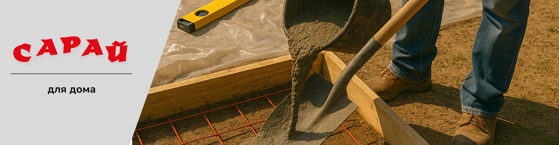 Рабочий заливает бетон в опалубку с арматурной сеткой при строительстве фундамента