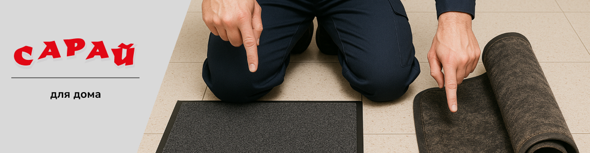 Человек в рабочей форме показывает на два придверных коврика — новый и свернутый для сравнения