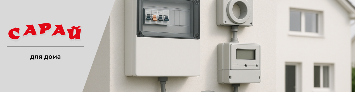 Электрощит и счётчик электроэнергии, установленные на фасаде дома, с защитными кабелями и корпусами