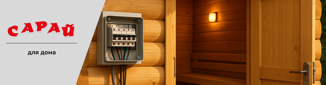 Электрический щиток с инструментами у входа в деревянную баню с включённым освещением