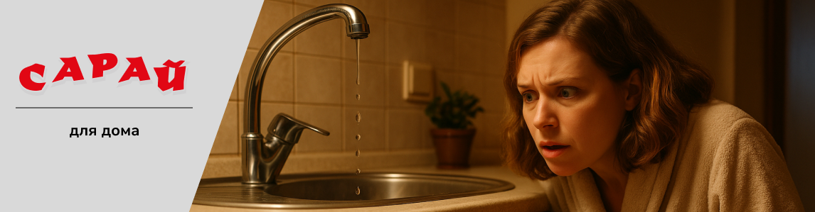 Женщина в халате обеспокоенно смотрит на протекающий кухонный кран над раковиной