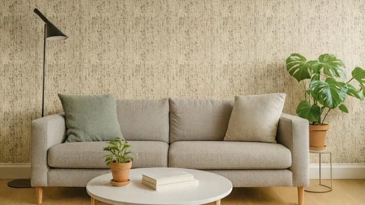 Как смотрятся Обои Green Walls Кора С40 4139 03 дуб розовое золото абстракция в интерьере гостиной — видеообзор Saray